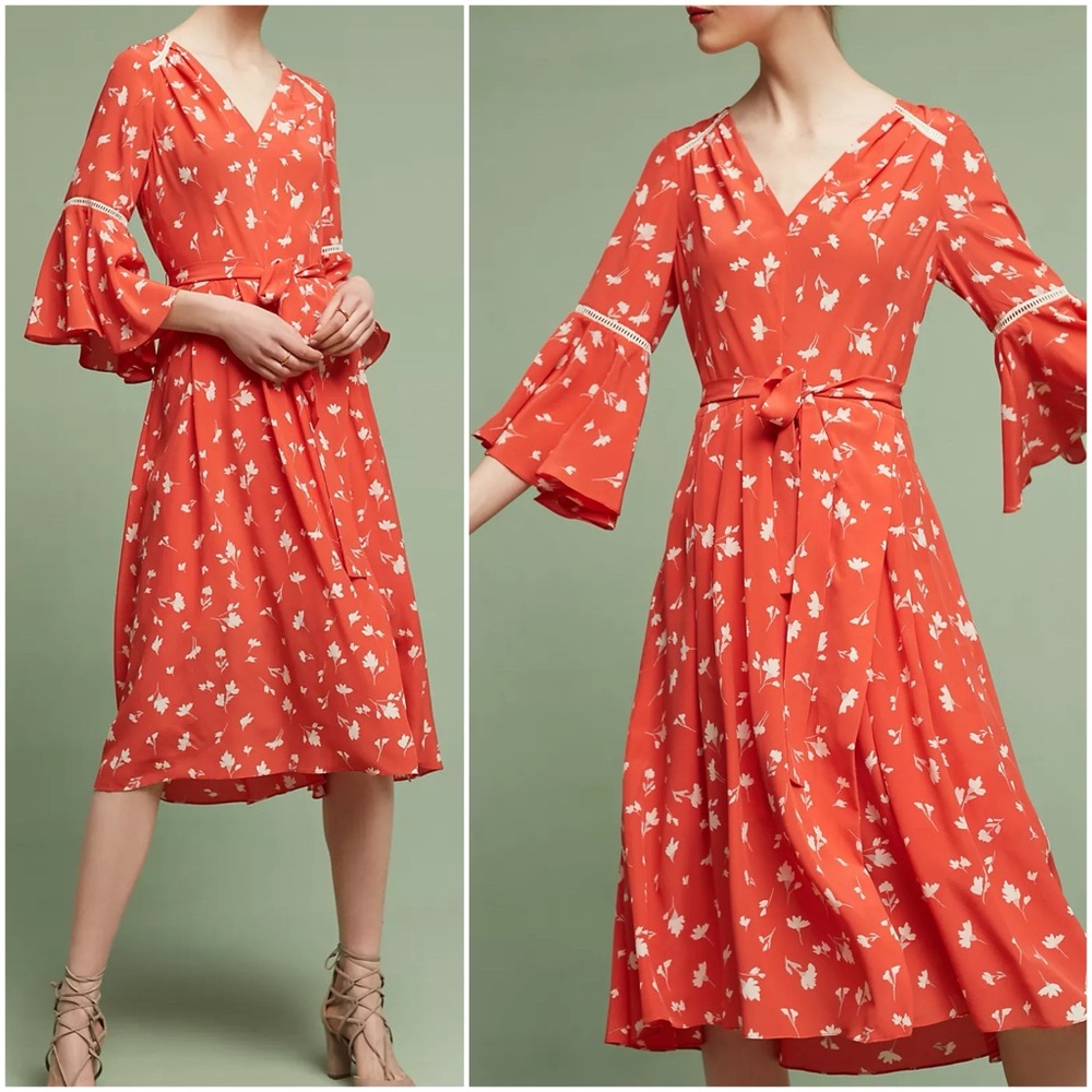 NWOT Anthropologie Shoshanna Millie Silk Orange Floral Belted Midi Dress Size 2